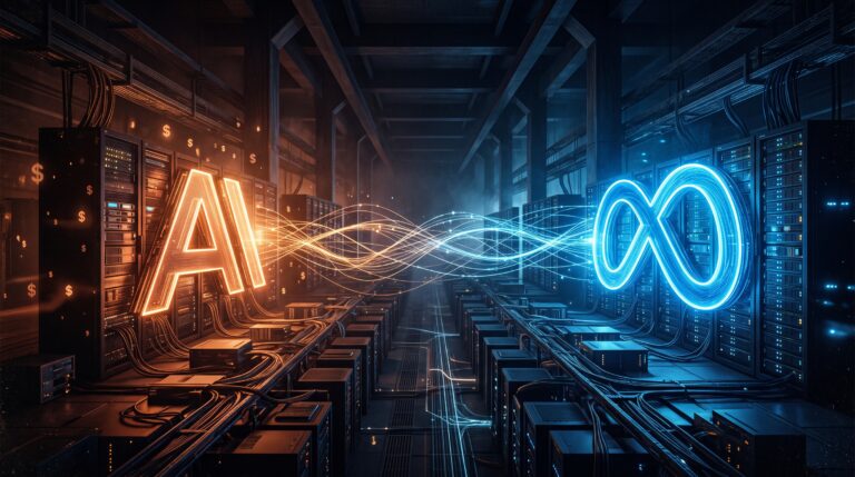 Ilustração editorial mostrando um data center com um A estilizado em laranja simbolizando a Anthropic e o símbolo do infinito da Meta em azul, conectados por feixes de luz representando o acordo de computação em nuvem