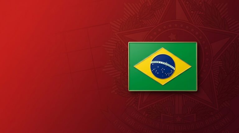 Bandeira do Brasil como emblema sobre fundo vermelho-vinho