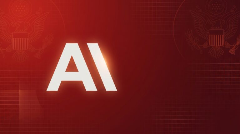 Logo da Anthropic sobre fundo vermelho-vinho com brasões governamentais simbolizando revogação de controle