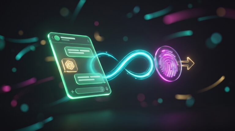 Ilustração editorial de uma tela de conversa em verde conectada por um símbolo de infinito turquesa a um ícone de impressão digital em magenta, representando o pagamento agêntico via Pix dentro do WhatsApp anunciado por Iniciador e Tyxter