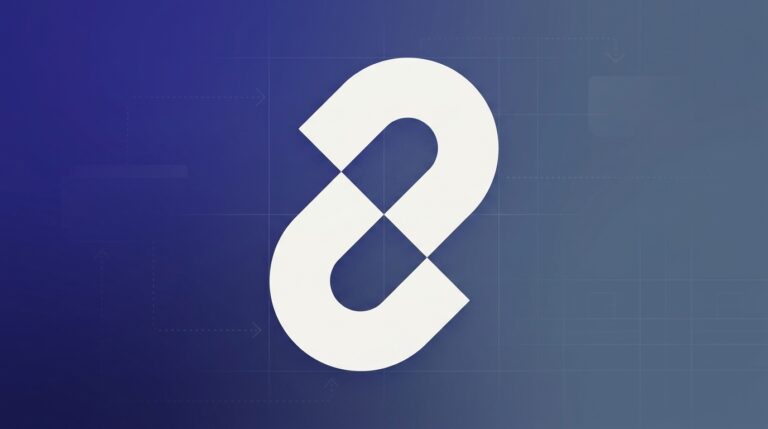 Logo do LangChain sobre fundo gradiente índigo-slate com textura de fluxo técnico