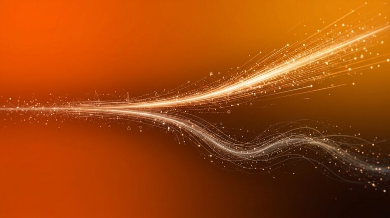 Fluxo abstrato de luz e partículas se dividindo em dois caminhos, sobre fundo gradiente laranja-âmbar