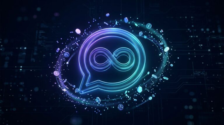 Icone de chat com simbolo do infinito da Meta e moedas digitais representando a nova cobranca por token no WhatsApp Business