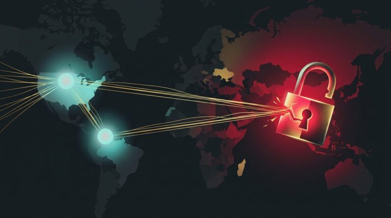Ilustracao editorial abstrata mostrando dois nos brilhantes representando laboratorios de IA dos EUA conectados por linhas de energia a um cadeado aberto simbolizando modelos de IA de peso aberto chineses, sobre um mapa mundi escuro com tons de vermelho, dourado e ciano