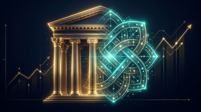 Predio governamental dourado se fundindo a um simbolo de IA em teal representando a proposta de participacao do governo dos EUA na OpenAI