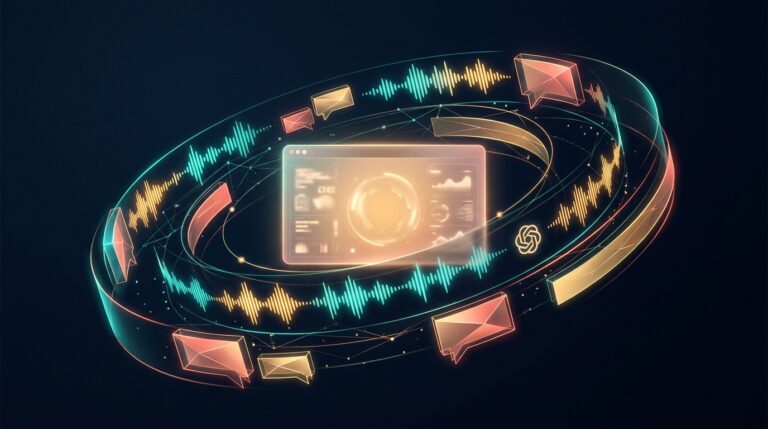 Ilustracao editorial escura do OpenAI Presence: tela futurista com dashboard cercada por ondas sonoras teal e ambar e balões de chat/email coral, com o logo da OpenAI, representando a nova plataforma empresarial de agentes de IA para atendimento por voz e chat.