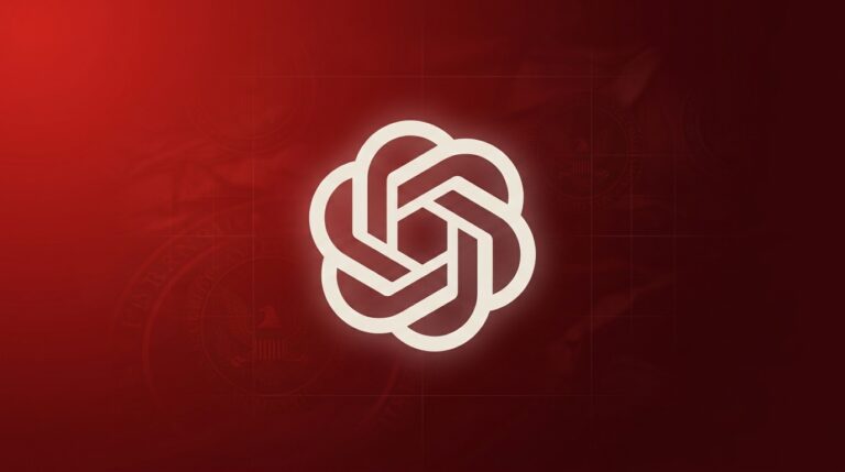 Logo da OpenAI sobre fundo vermelho-vinho simbolizando restrição de acesso por decisão governamental