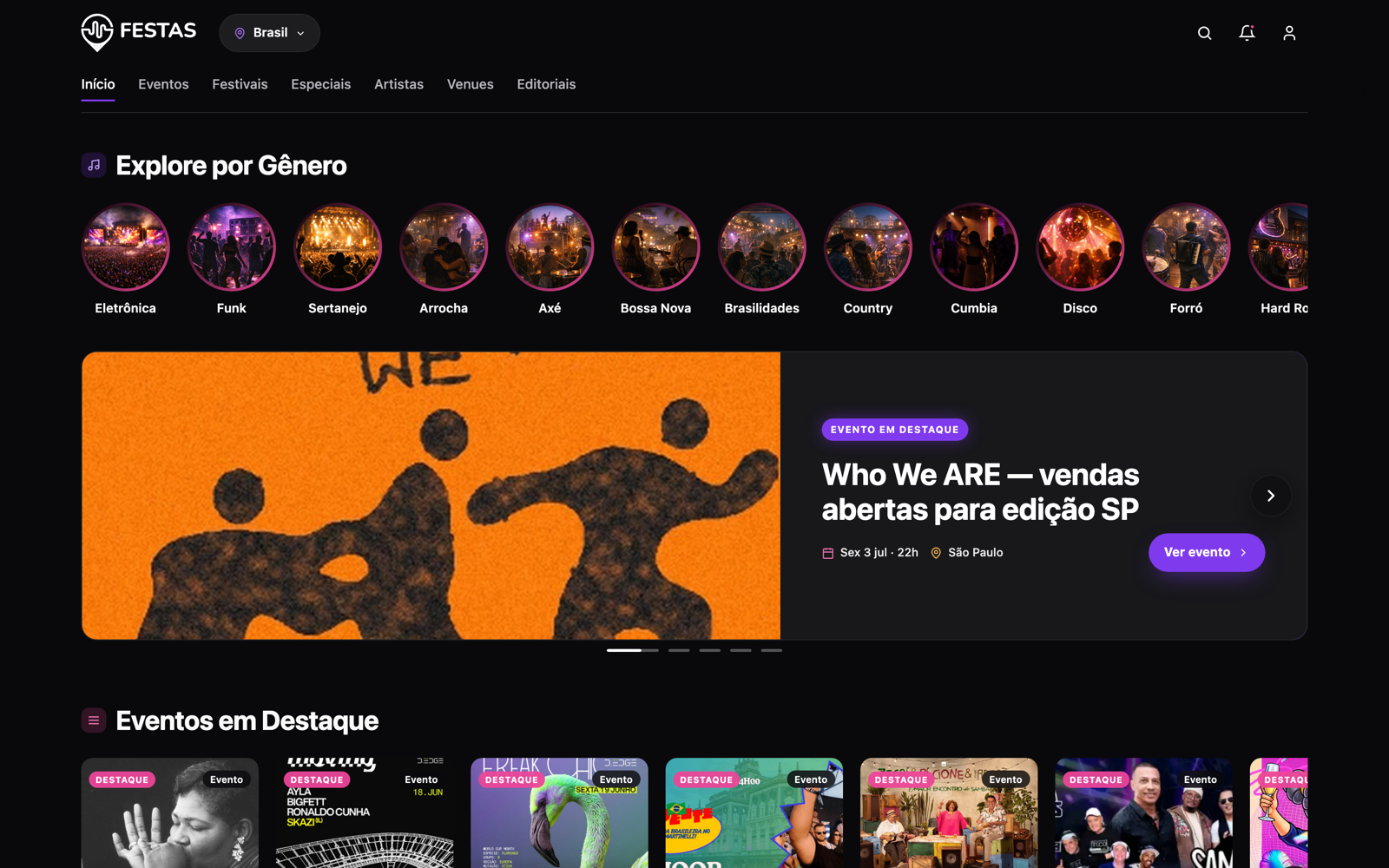 Página inicial do site do FESTAS com catálogo de eventos e matérias editoriais