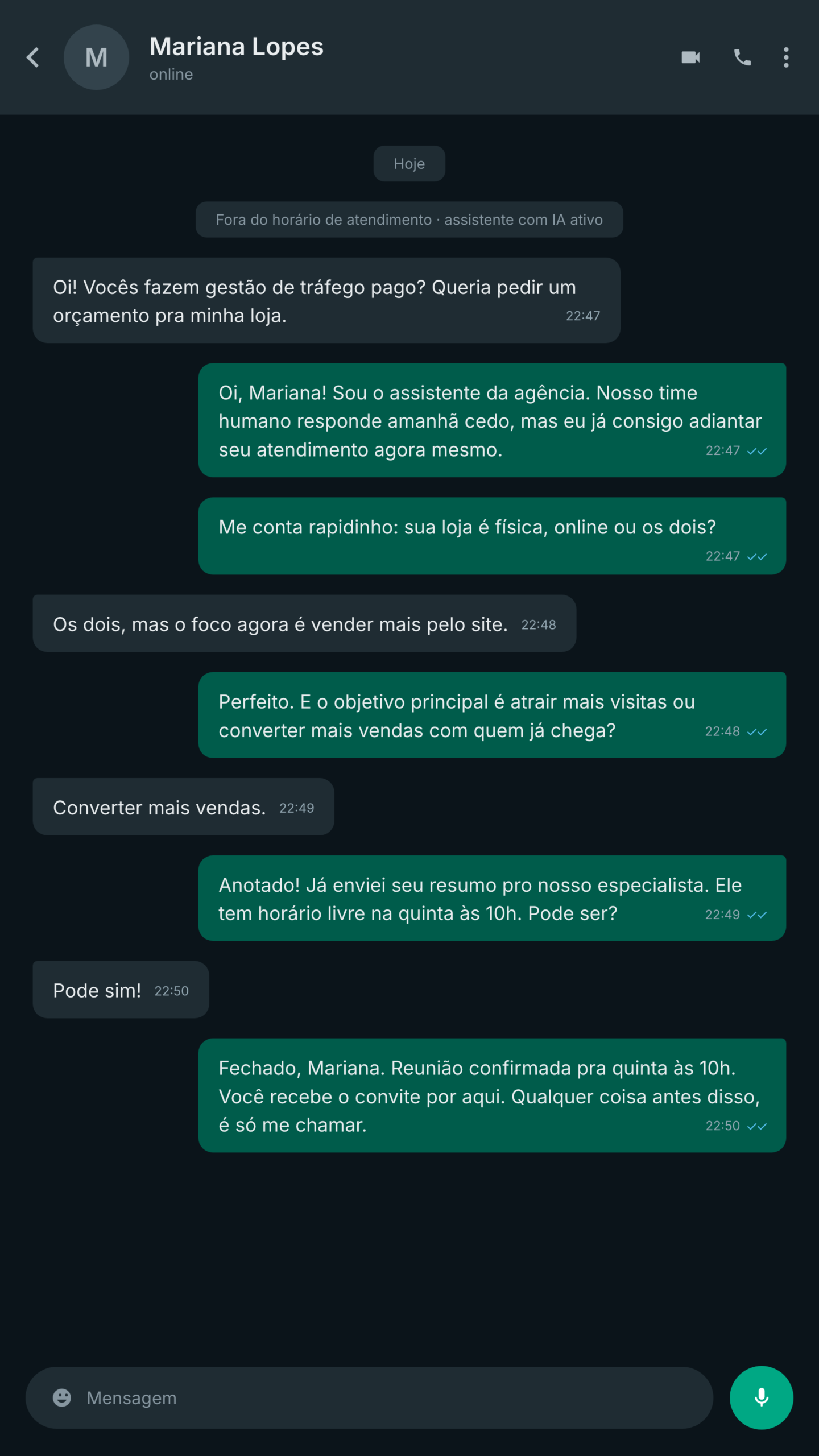 Conversa real de WhatsApp com o agente de IA respondendo e qualificando um lead