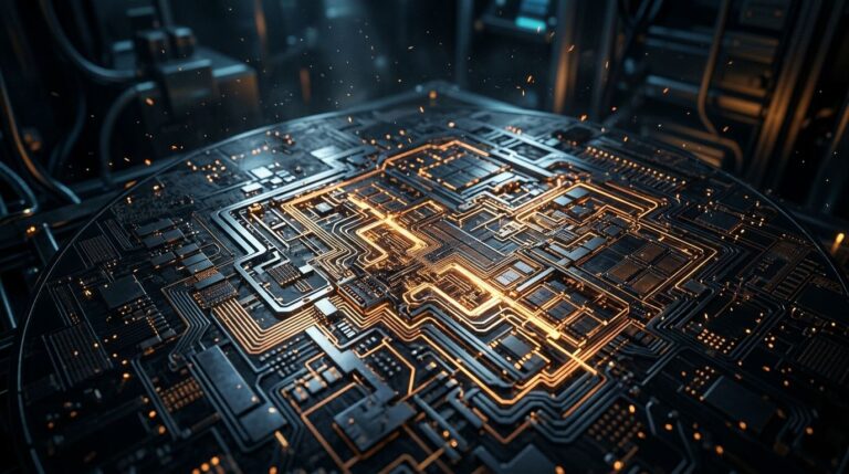Wafer de silicio com circuitos em brilho ambar representando a expansao da TSMC no Arizona