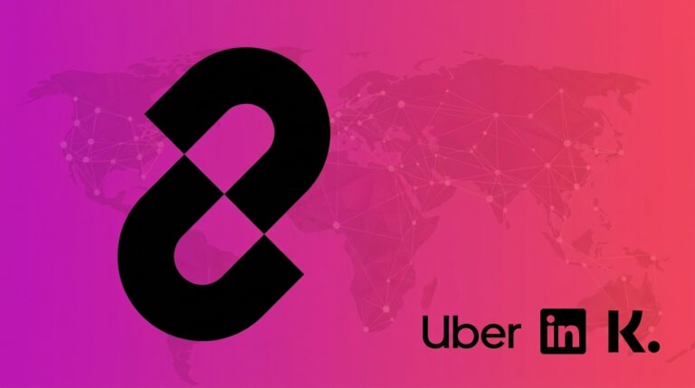 Logos de LangChain, Uber, LinkedIn e Klarna sobre fundo gradiente magenta-rosa