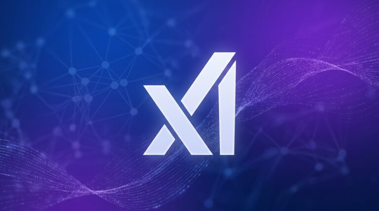Logo da xAI sobre fundo gradiente azul-roxo, capa da noticia do Grok V9-Medium