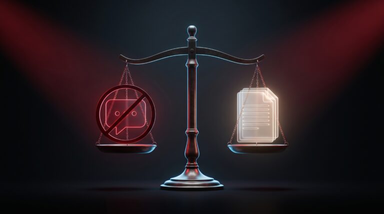 Ilustração simbólica de uma balança da justiça com um ícone de chat banido em vermelho de um lado e documentos jurídicos iluminados do outro, representando a ação judicial da xAI contra um usuário do Grok