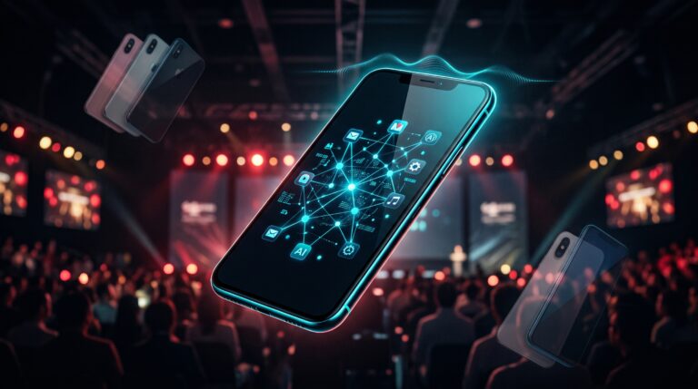 Ilustração editorial de um smartphone com tela exibindo uma rede de agente de IA conectando ícones de aplicativos, flutuando no palco de uma conferência de tecnologia em Xangai, referência ao lançamento do NaviX Ultra da ZTE/Nubia