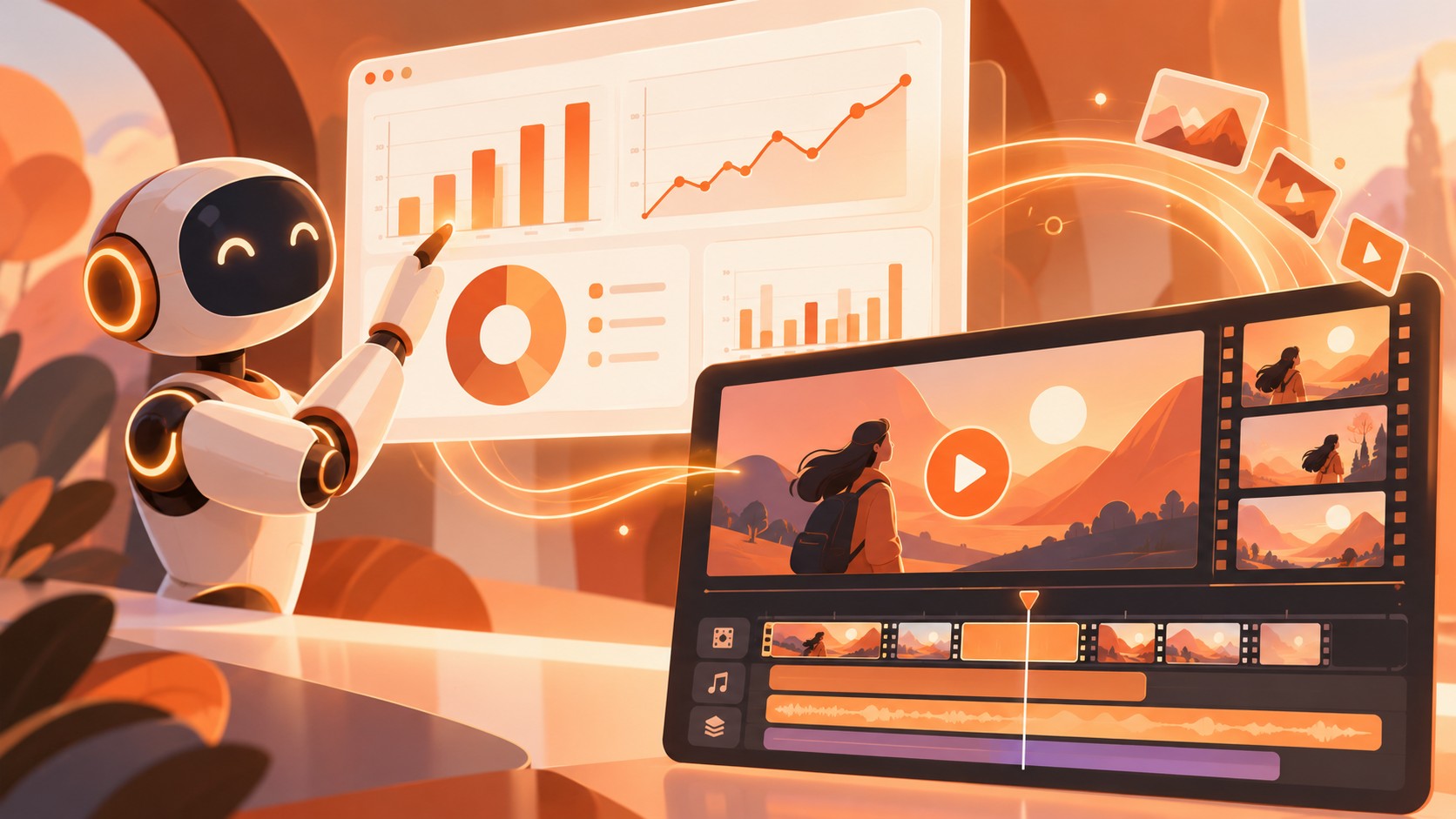 Ilustração editorial representando o Claude Dashboards e o Claude Motion da Anthropic, com gráficos de dados e linha do tempo de animação