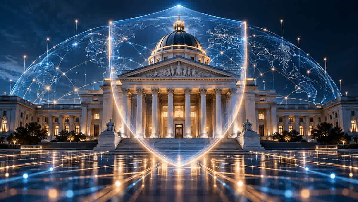 Ilustração editorial sobre inteligência artificial segura para uso governamental