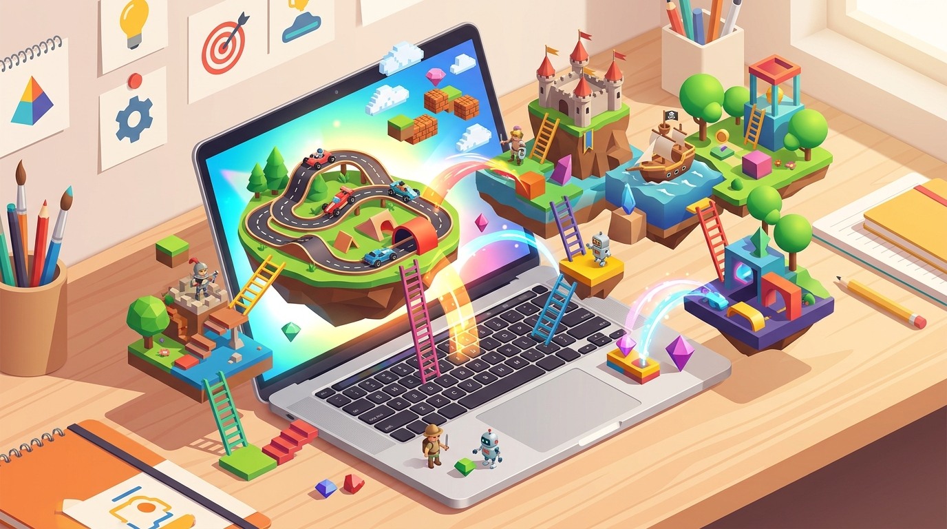 Ilustração editorial de um notebook com mundos de jogos coloridos, plataformas flutuantes e pistas de corrida, representando criação de jogos por conversa no Google Playground.