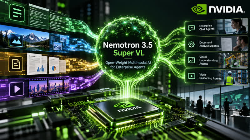 Ilustração editorial representando o NVIDIA Nemotron 3.5 Super VL, modelo de IA multimodal aberto para agentes corporativos
