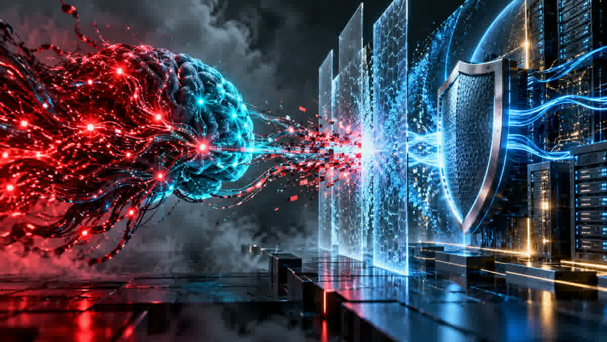 Ilustração editorial sobre riscos cibernéticos avançados de um modelo de inteligência artificial aberto