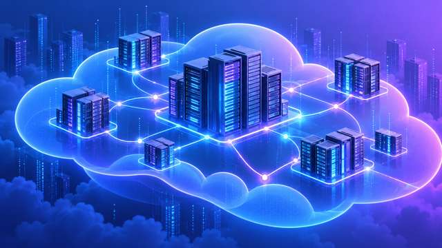 Ilustração editorial de torres de servidores de data center interligadas dentro de uma nuvem azul luminosa, representando os modelos da OpenAI entrando no Model Garden do Google Cloud