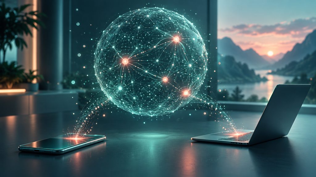 Ilustracao editorial de uma esfera de rede neural translucida com poucos nos ativos acesos, flutuando sobre silhuetas de smartphone e notebook, representando agentes de IA rapidos e privados rodando no dispositivo