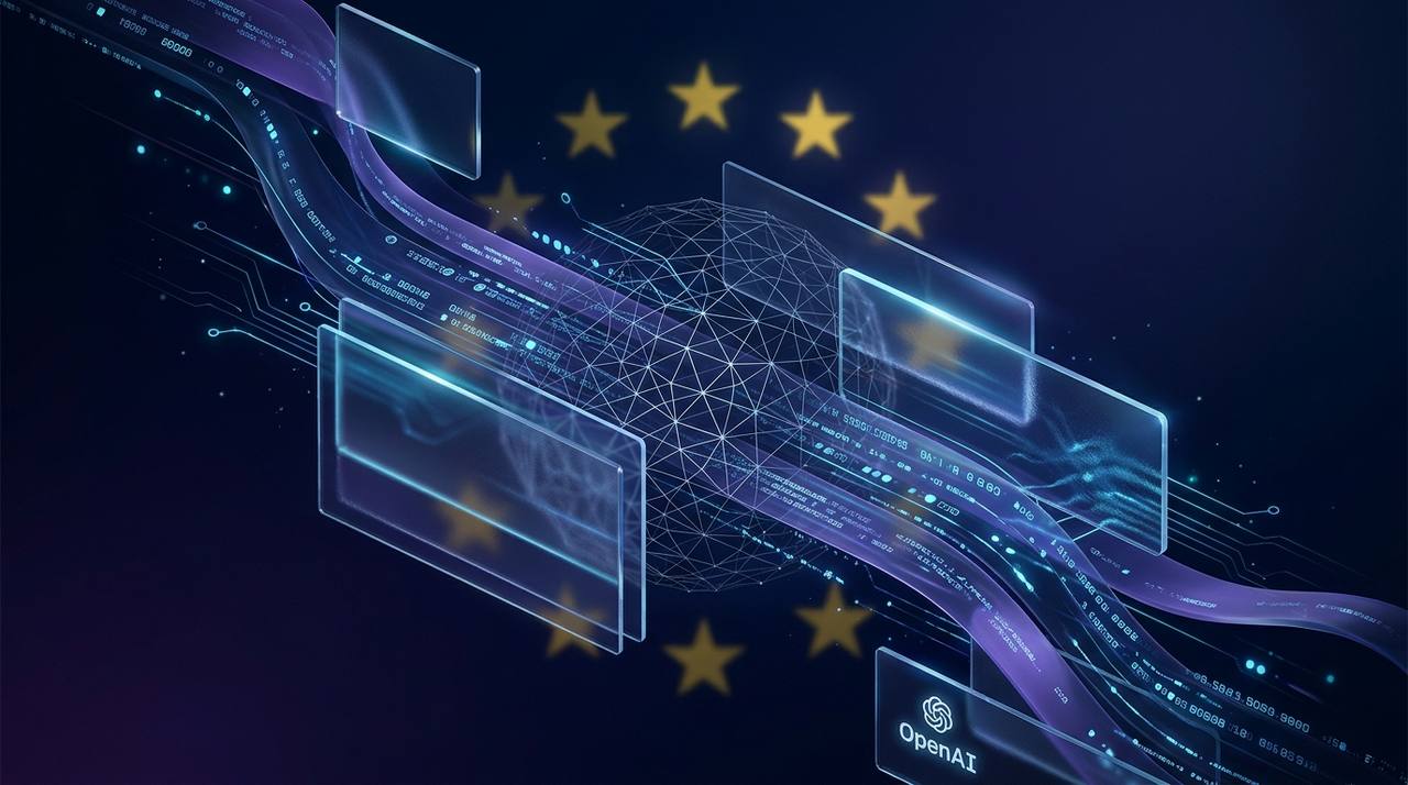 Ilustração editorial abstrata em tons de azul e roxo representando marca d'água digital invisível em texto, com estrelas da União Europeia estilizadas ao fundo e logo da OpenAI discreto no canto
