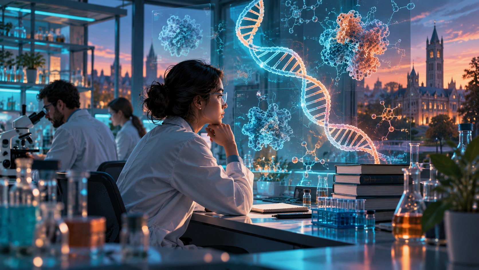 Ilustração editorial de laboratório universitário com microscópio, estruturas moleculares e hélice de DNA em luz azul e coral.